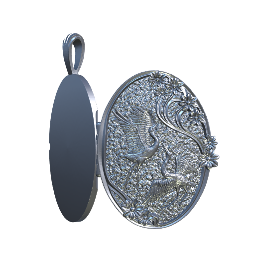Серебряный открывающийся медальон с журавлями